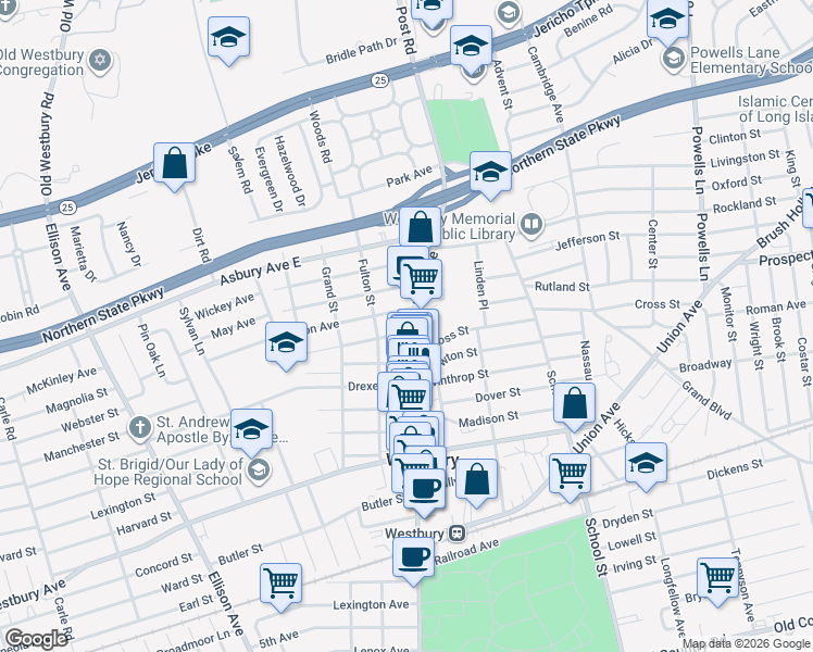 map of restaurants, bars, coffee shops, grocery stores, and more near 289 Post Avenue in Westbury