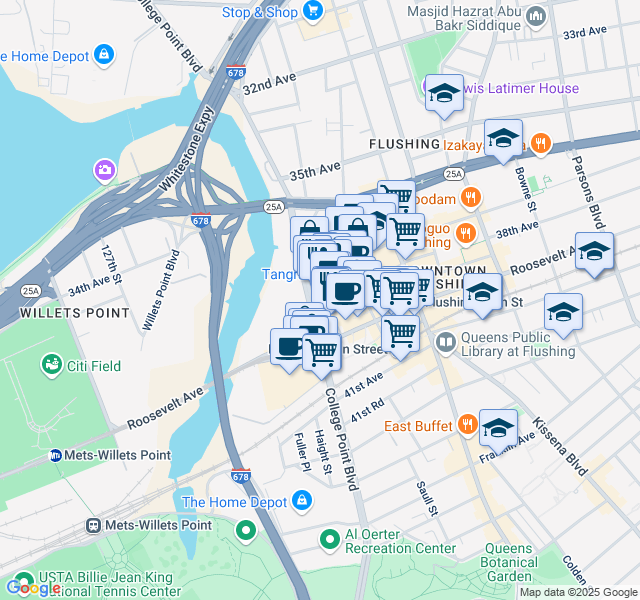 map of restaurants, bars, coffee shops, grocery stores, and more near 37-25 College Point Boulevard in Queens