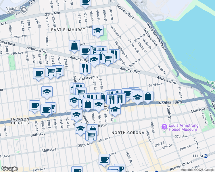map of restaurants, bars, coffee shops, grocery stores, and more near in Queens