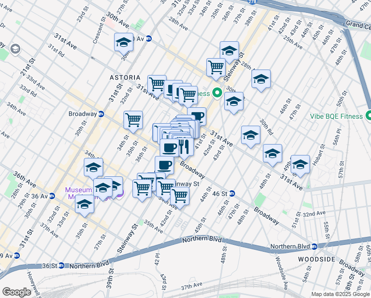 map of restaurants, bars, coffee shops, grocery stores, and more near 31-91 Steinway Street in Queens