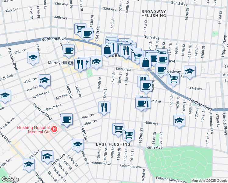 map of restaurants, bars, coffee shops, grocery stores, and more near 42-60 157th Street in Queens