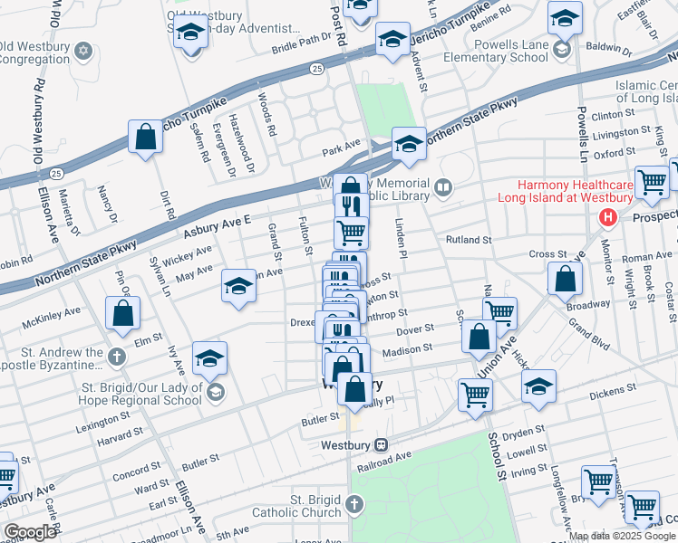 map of restaurants, bars, coffee shops, grocery stores, and more near 289 Post Avenue in Westbury