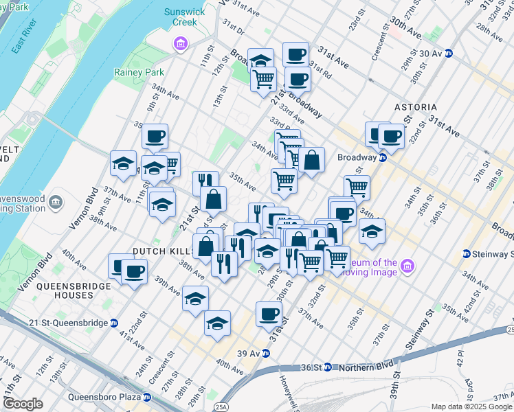 map of restaurants, bars, coffee shops, grocery stores, and more near 35-19 24th Street in Queens