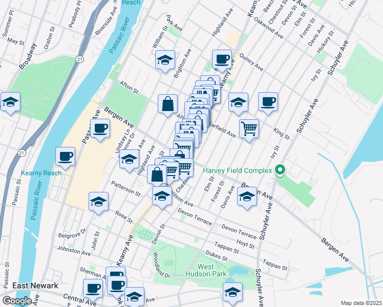map of restaurants, bars, coffee shops, grocery stores, and more near 219-221 Chestnut Street in Kearny