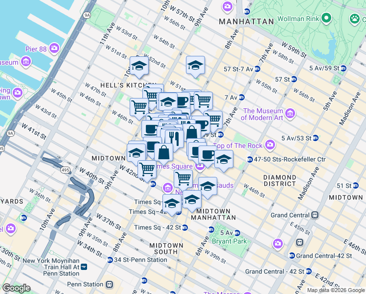 map of restaurants, bars, coffee shops, grocery stores, and more near in New York