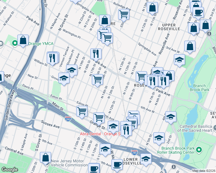 map of restaurants, bars, coffee shops, grocery stores, and more near 104 North 13th Street in Newark