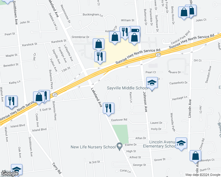 map of restaurants, bars, coffee shops, grocery stores, and more near 85 Adams Way in Sayville