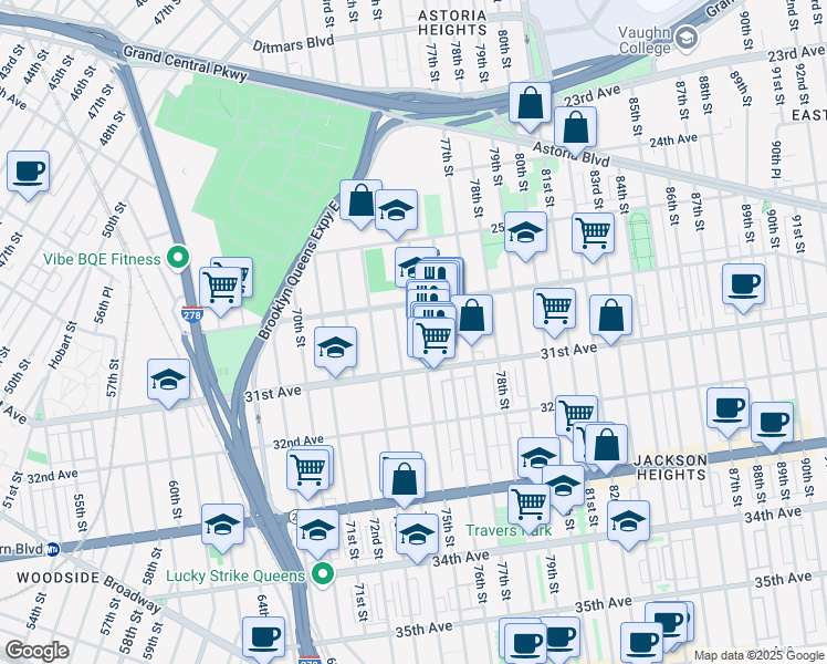 map of restaurants, bars, coffee shops, grocery stores, and more near 30-30 75th Street in Queens