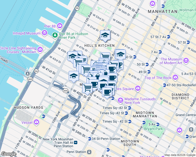 map of restaurants, bars, coffee shops, grocery stores, and more near 619 9th Avenue in New York