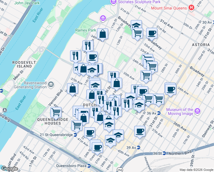 map of restaurants, bars, coffee shops, grocery stores, and more near 36-16 21st Street in Queens