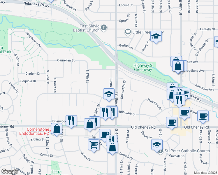map of restaurants, bars, coffee shops, grocery stores, and more near 3840 Blackberry Circle in Lincoln