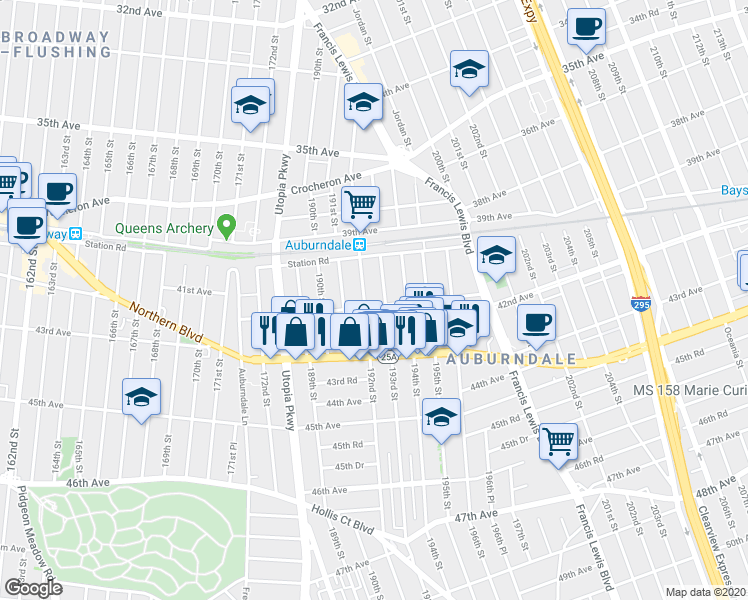 map of restaurants, bars, coffee shops, grocery stores, and more near 192-07 42nd Avenue in Queens