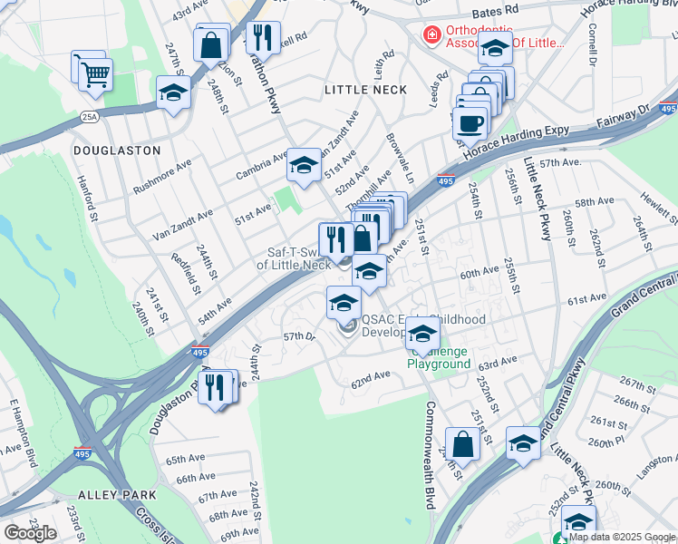 map of restaurants, bars, coffee shops, grocery stores, and more near 245 Horace Harding Expressway in Queens