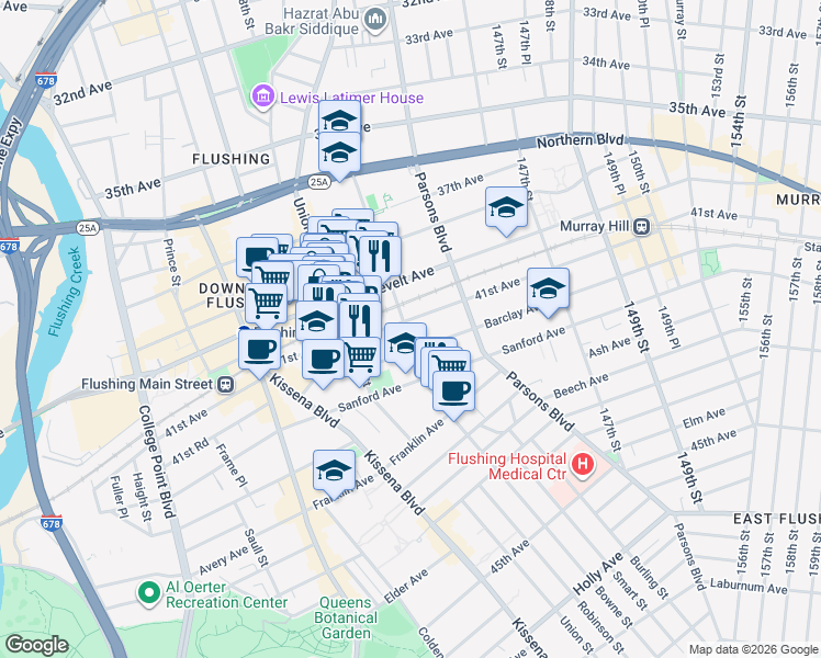 map of restaurants, bars, coffee shops, grocery stores, and more near in Queens