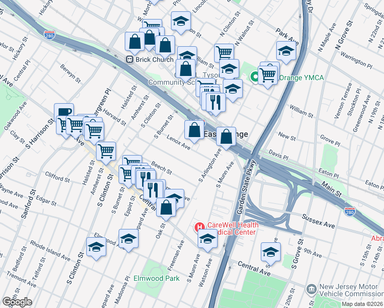 map of restaurants, bars, coffee shops, grocery stores, and more near 41 Lenox Avenue in East Orange