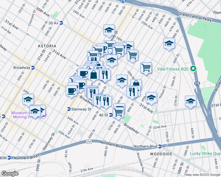 map of restaurants, bars, coffee shops, grocery stores, and more near 31-09 44th Street in Queens