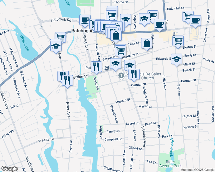 map of restaurants, bars, coffee shops, grocery stores, and more near 48 Amity Street in Patchogue