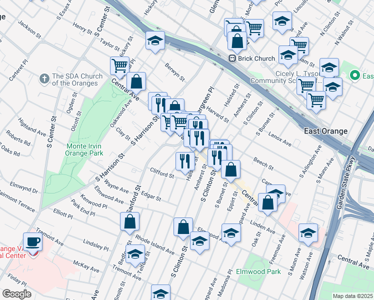 map of restaurants, bars, coffee shops, grocery stores, and more near 543 Central Avenue in East Orange