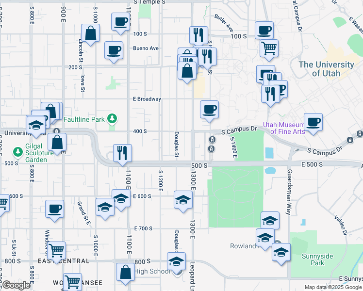 map of restaurants, bars, coffee shops, grocery stores, and more near 441 Douglas Street in Salt Lake City