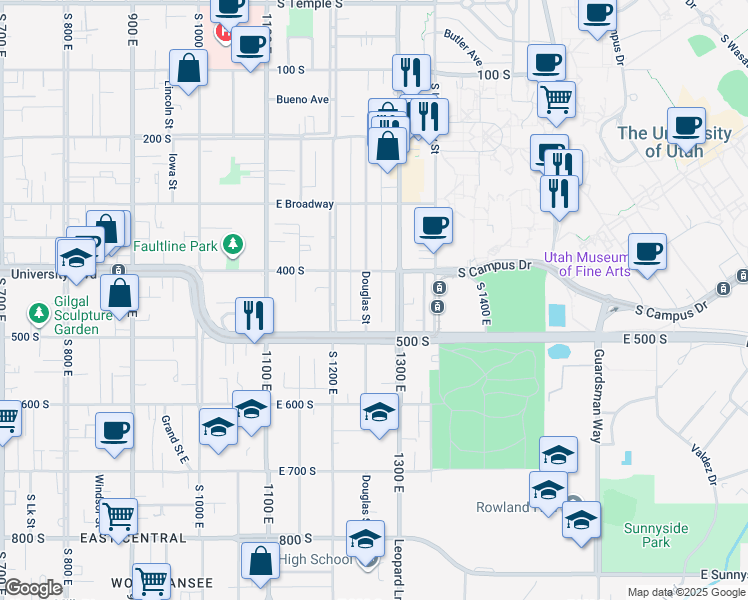map of restaurants, bars, coffee shops, grocery stores, and more near 441 Douglas Street in Salt Lake City