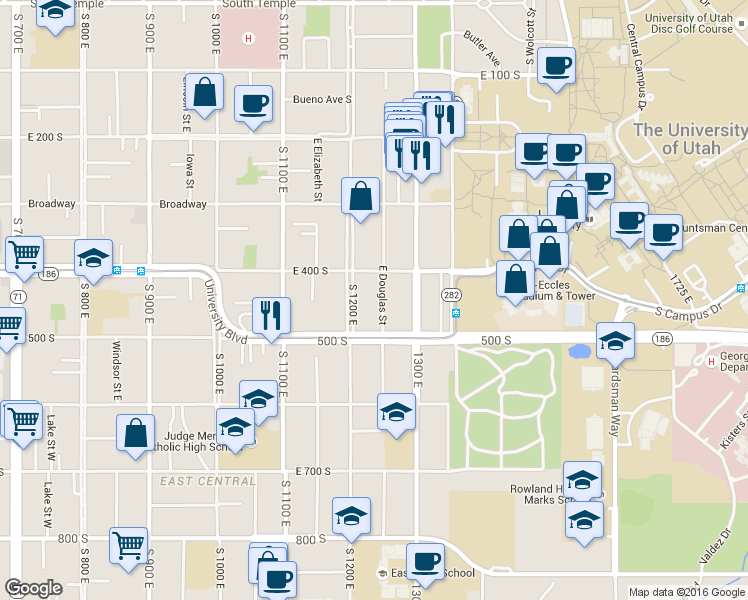 map of restaurants, bars, coffee shops, grocery stores, and more near 441 Douglas Street in Salt Lake City