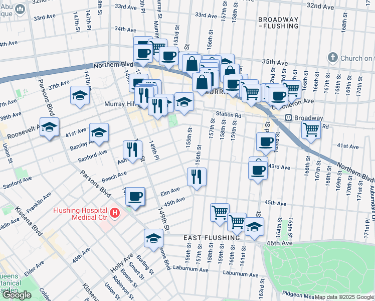 map of restaurants, bars, coffee shops, grocery stores, and more near 155-19 Cherry Avenue in Queens