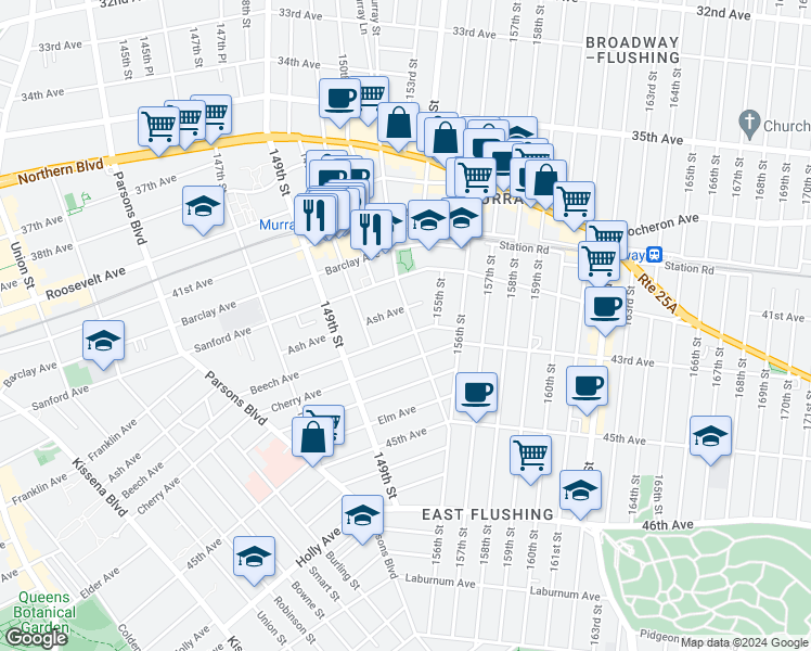 map of restaurants, bars, coffee shops, grocery stores, and more near 42-52 Murray Street in Queens