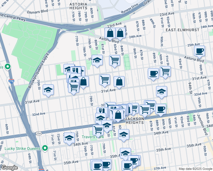 map of restaurants, bars, coffee shops, grocery stores, and more near 30-51 81st Street in Queens