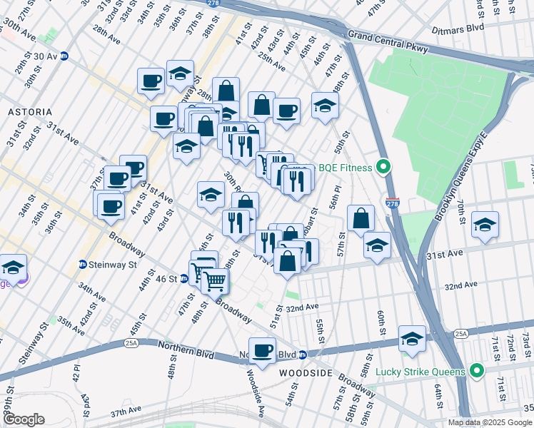 map of restaurants, bars, coffee shops, grocery stores, and more near 30-55 48th Street in Queens