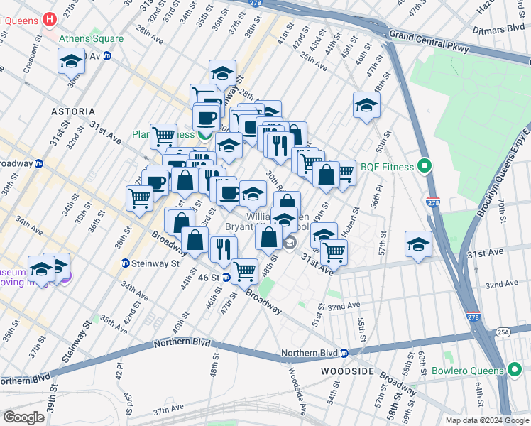 map of restaurants, bars, coffee shops, grocery stores, and more near 45-11 31st Avenue in Queens