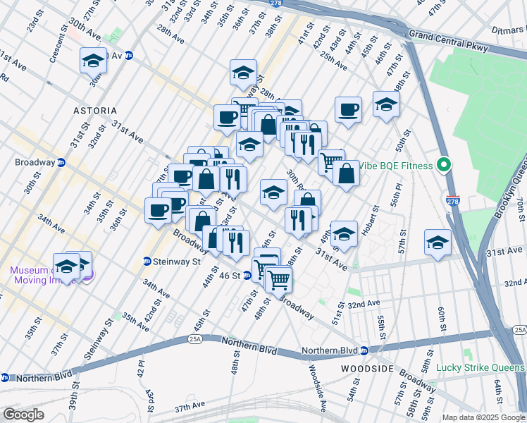 map of restaurants, bars, coffee shops, grocery stores, and more near 45-11 31st Avenue in Queens