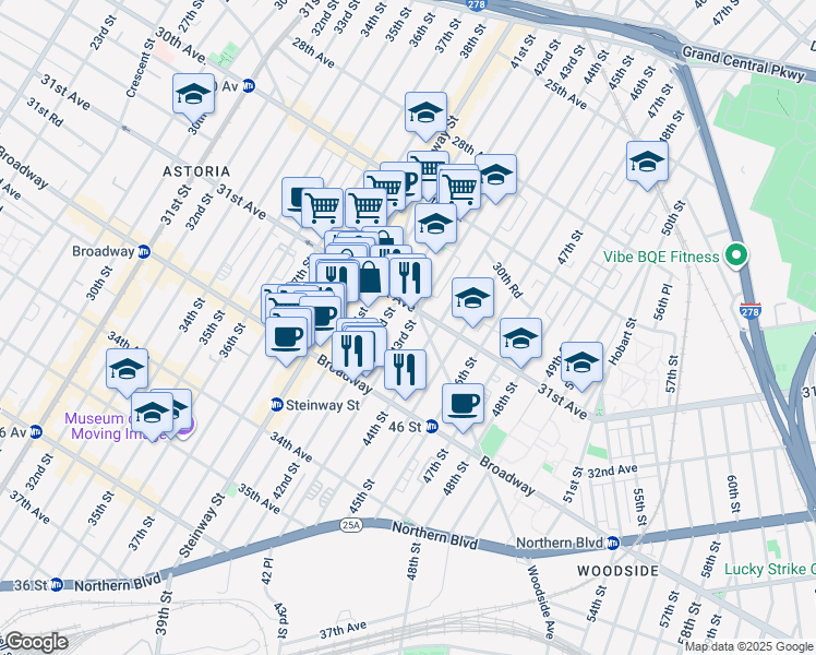 map of restaurants, bars, coffee shops, grocery stores, and more near 31-30 43rd Street in Queens