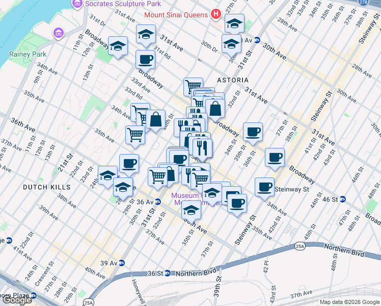 map of restaurants, bars, coffee shops, grocery stores, and more near in Queens
