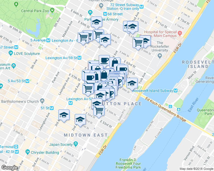 map of restaurants, bars, coffee shops, grocery stores, and more near 331 East 58th Street in New York