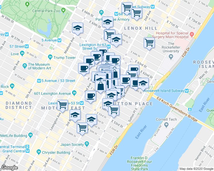 map of restaurants, bars, coffee shops, grocery stores, and more near in New York