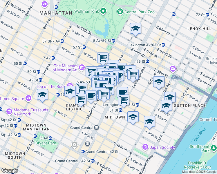map of restaurants, bars, coffee shops, grocery stores, and more near 44 East 54th Street in New York