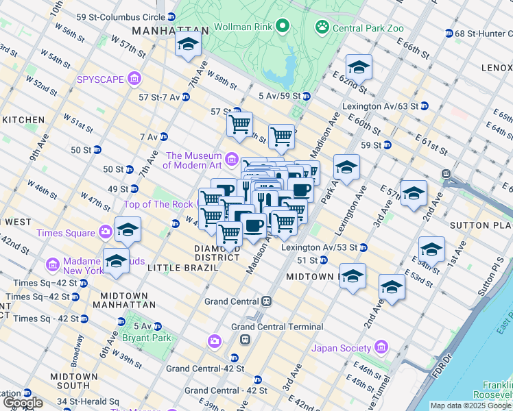 map of restaurants, bars, coffee shops, grocery stores, and more near 7 East 52nd Street in New York