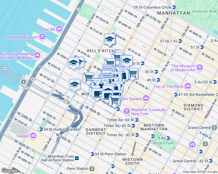 map of restaurants, bars, coffee shops, grocery stores, and more near in New York