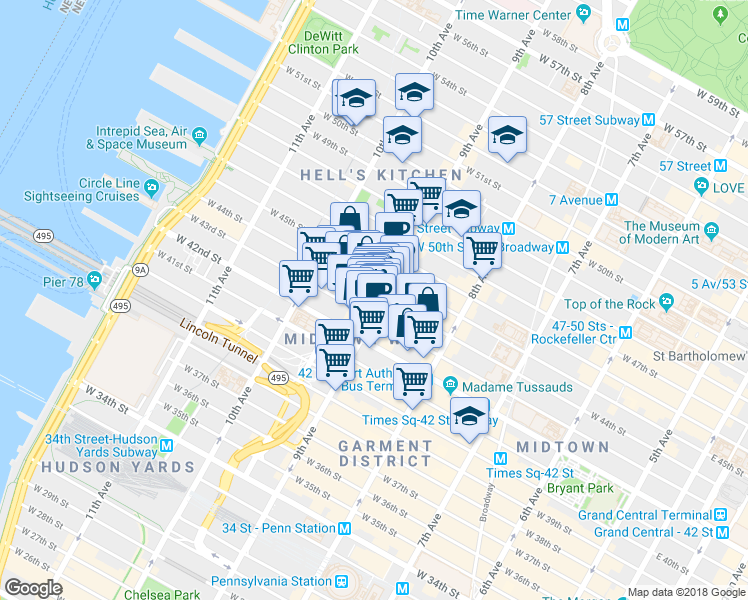 map of restaurants, bars, coffee shops, grocery stores, and more near in New York