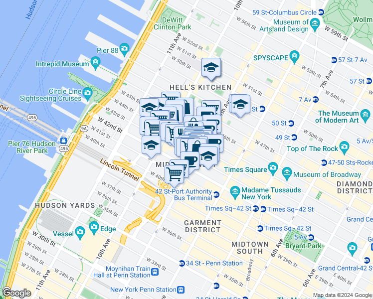 map of restaurants, bars, coffee shops, grocery stores, and more near 576 10th Avenue in New York
