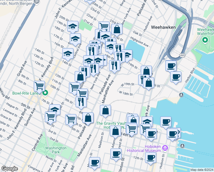 map of restaurants, bars, coffee shops, grocery stores, and more near 1304 Palisade Avenue in Union City