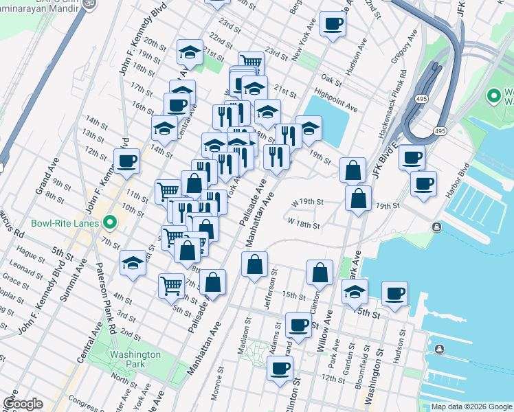 map of restaurants, bars, coffee shops, grocery stores, and more near 1304 Palisade Avenue in Union City