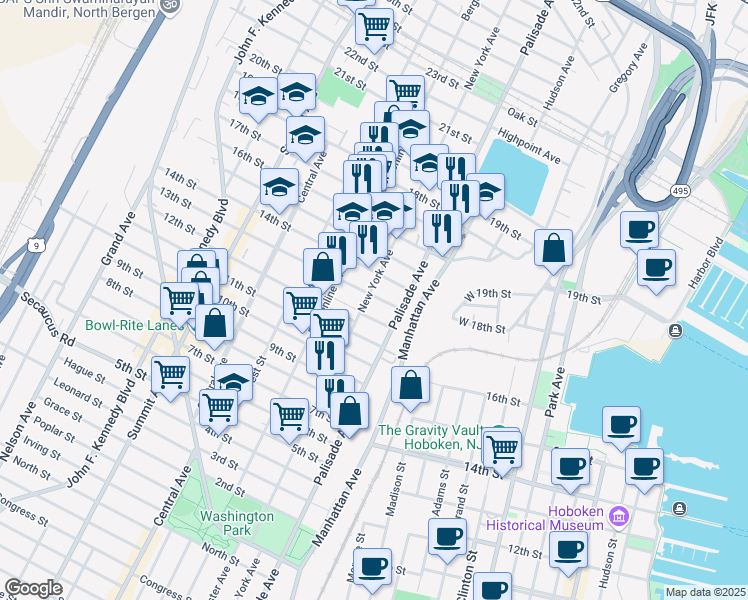 map of restaurants, bars, coffee shops, grocery stores, and more near 319 13th Street in Union City