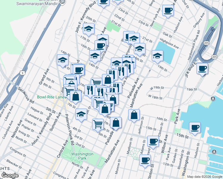 map of restaurants, bars, coffee shops, grocery stores, and more near 416 12th Street in Union City