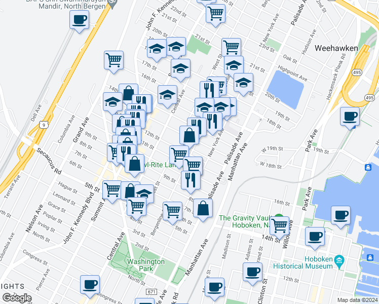 map of restaurants, bars, coffee shops, grocery stores, and more near 513 12th Street in Union City