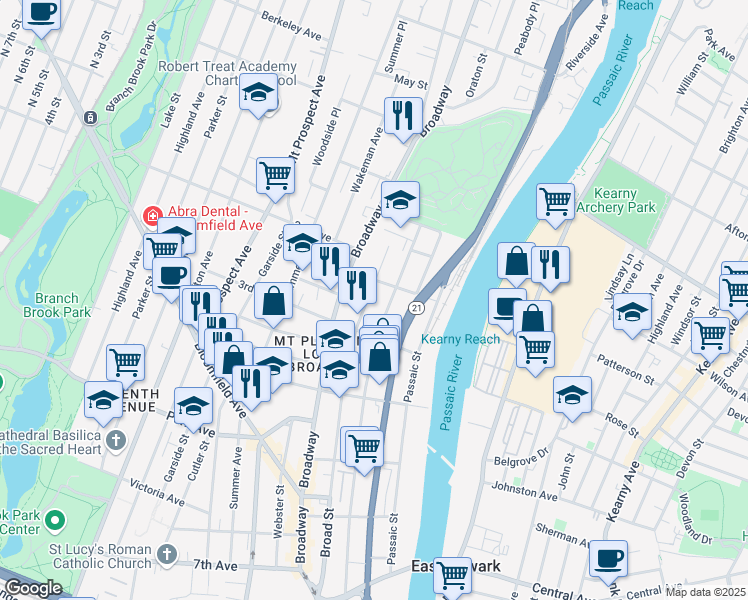 map of restaurants, bars, coffee shops, grocery stores, and more near 78 Broad Street in Newark