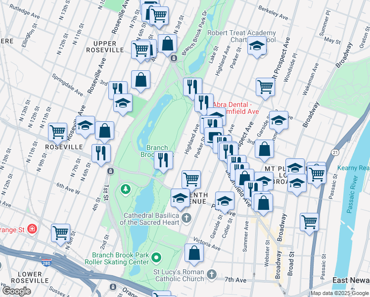 map of restaurants, bars, coffee shops, grocery stores, and more near 79 Highland Avenue in Newark