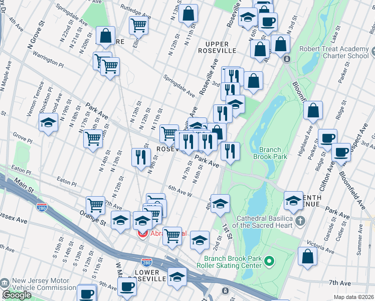 map of restaurants, bars, coffee shops, grocery stores, and more near in Newark