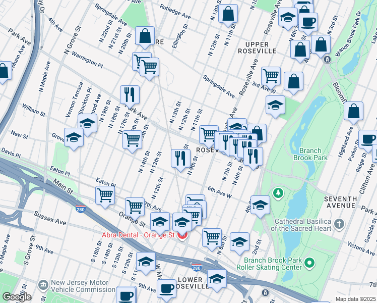 map of restaurants, bars, coffee shops, grocery stores, and more near 135 North 11th Street in Newark
