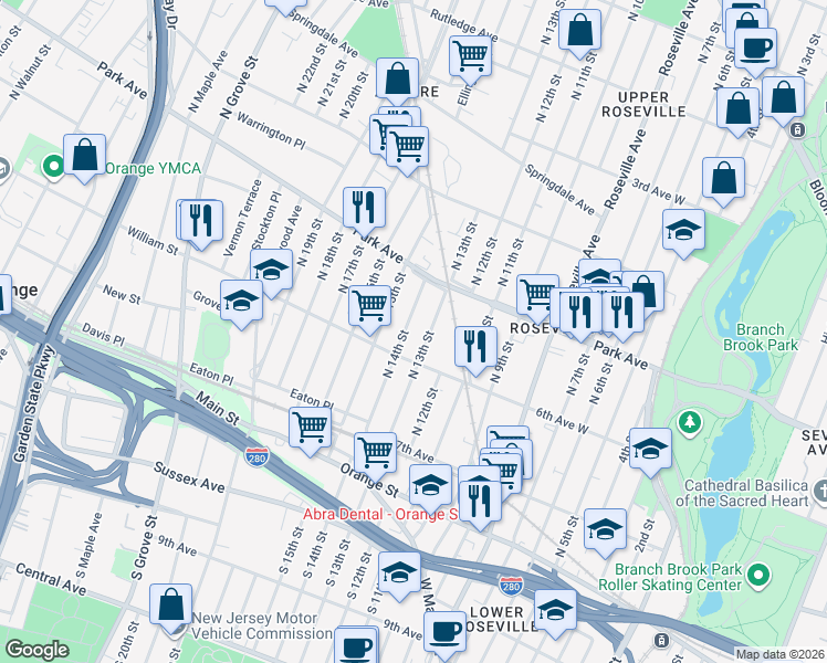 map of restaurants, bars, coffee shops, grocery stores, and more near 104 North 13th Street in Newark